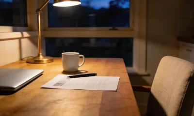 A quiet home office corner in the early evening with a lit lamp over a table holding a printed page, pen, mug and a closed laptop.