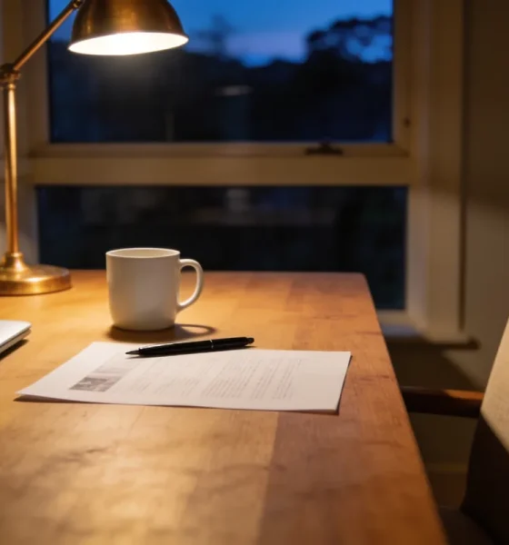 A quiet home office corner in the early evening with a lit lamp over a table holding a printed page, pen, mug and a closed laptop.