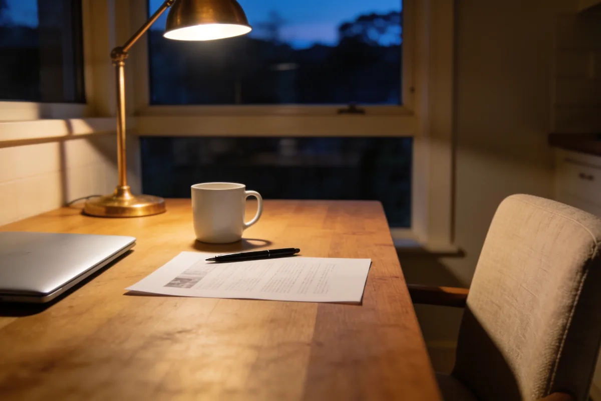 A quiet home office corner in the early evening with a lit lamp over a table holding a printed page, pen, mug and a closed laptop.