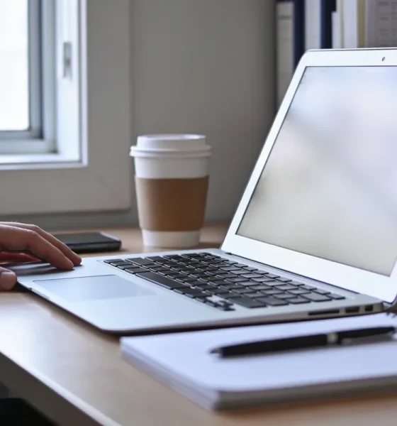 A desk in mid-morning light with an open laptop showing a blank screen, a notepad, a coffee cup, a phone face down and a hand resting beside the laptop.