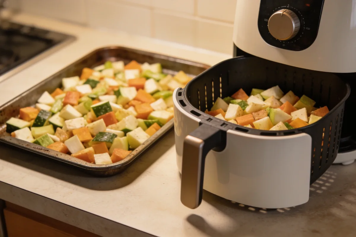 A full oven tray of chopped vegetables beside a smaller air fryer basket holding a similar amount, side by side on a kitchen bench.