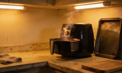 An air fryer with its drawer open and steam rising on a kitchen bench beside a baking tray, tea towel and chopping board in warm overhead light.