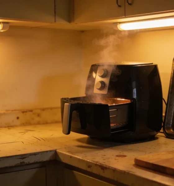 An air fryer with its drawer open and steam rising on a kitchen bench beside a baking tray, tea towel and chopping board in warm overhead light.