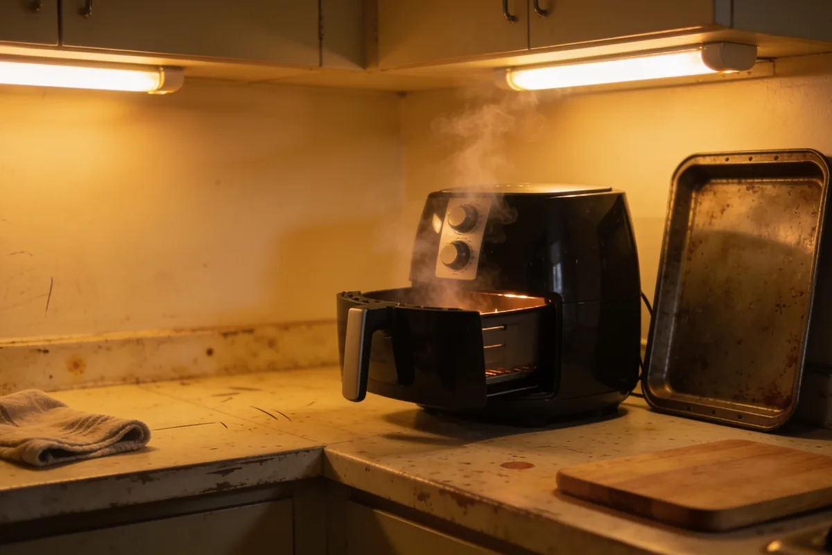 An air fryer with its drawer open and steam rising on a kitchen bench beside a baking tray, tea towel and chopping board in warm overhead light.