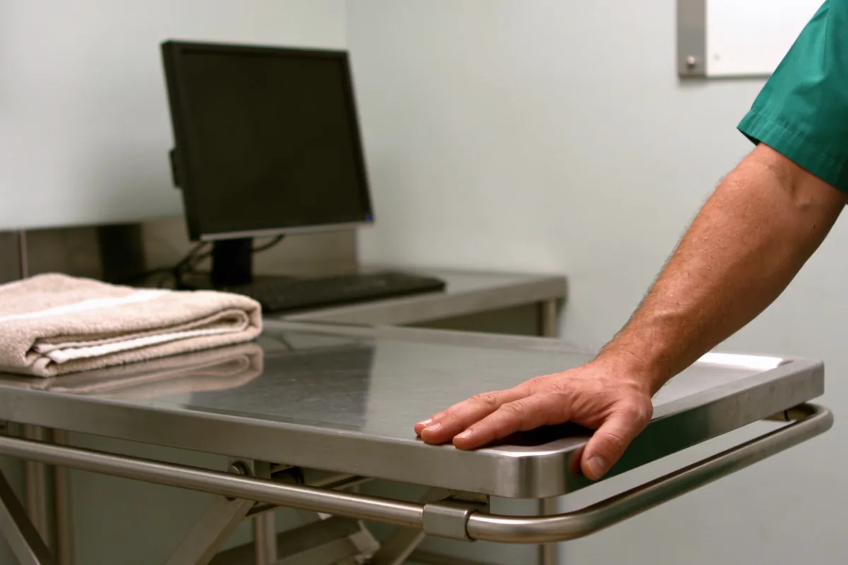 A veterinary consulting room with a stainless steel examination table and folded towel, and a vet's hand and forearm in a green scrub sleeve at the frame edge.
