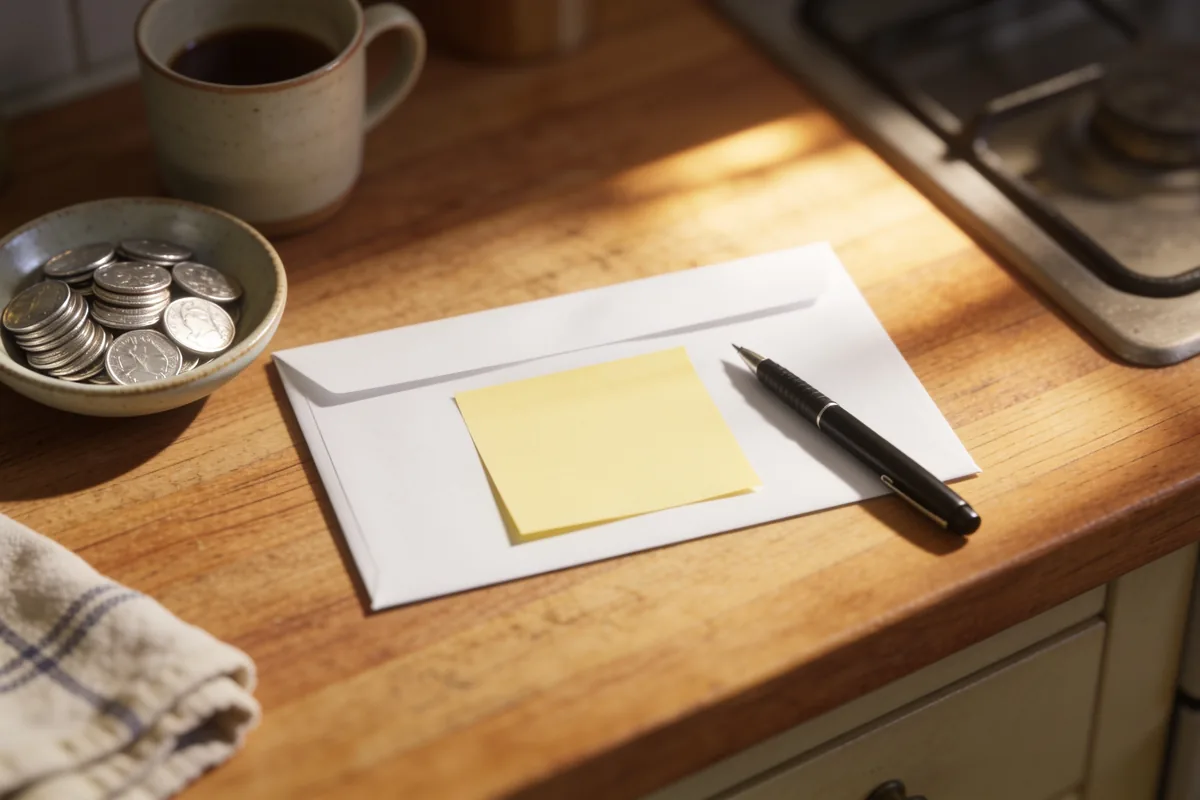 A plain envelope with a blank sticky note, a pen and a small dish of coins on a kitchen bench in soft afternoon light.