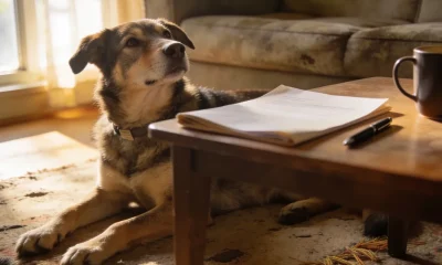 A calm medium-sized mixed-breed dog lying on a worn rug in a living room beside a low table with a folded document, pen and mug.
