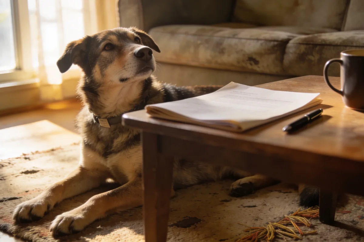 A calm medium-sized mixed-breed dog lying on a worn rug in a living room beside a low table with a folded document, pen and mug.