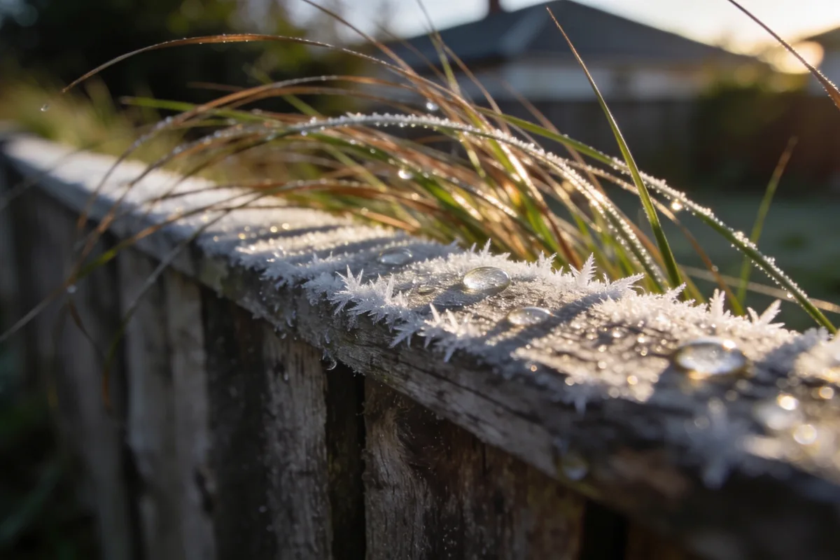 Frost crystals on a timber fence rail with wind-bent grass stems behind it in low morning sun.