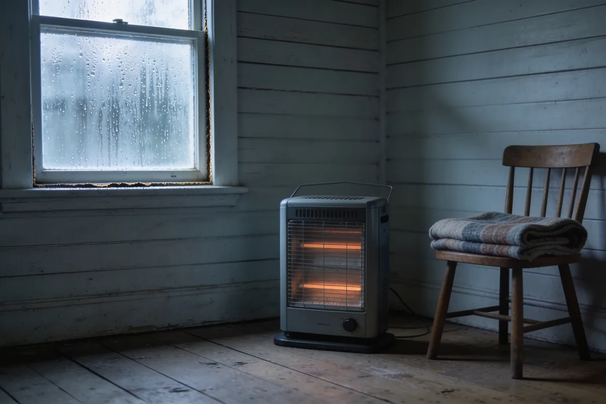 A cold room in an older weatherboard house with condensation on a single-pane sash window, a portable heater and a folded blanket on a chair.
