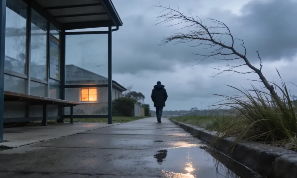 A person in a dark coat walking away along a wet suburban footpath on a grey winter morning, wind bending a bare branch over long grass beside a bus shelter.
