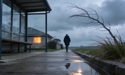 A person in a dark coat walking away along a wet suburban footpath on a grey winter morning, wind bending a bare branch over long grass beside a bus shelter.