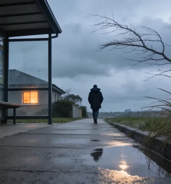 A person in a dark coat walking away along a wet suburban footpath on a grey winter morning, wind bending a bare branch over long grass beside a bus shelter.