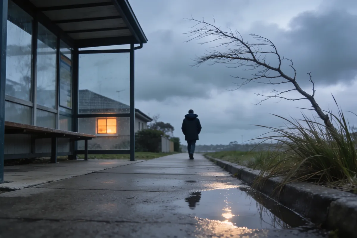 A person in a dark coat walking away along a wet suburban footpath on a grey winter morning, wind bending a bare branch over long grass beside a bus shelter.
