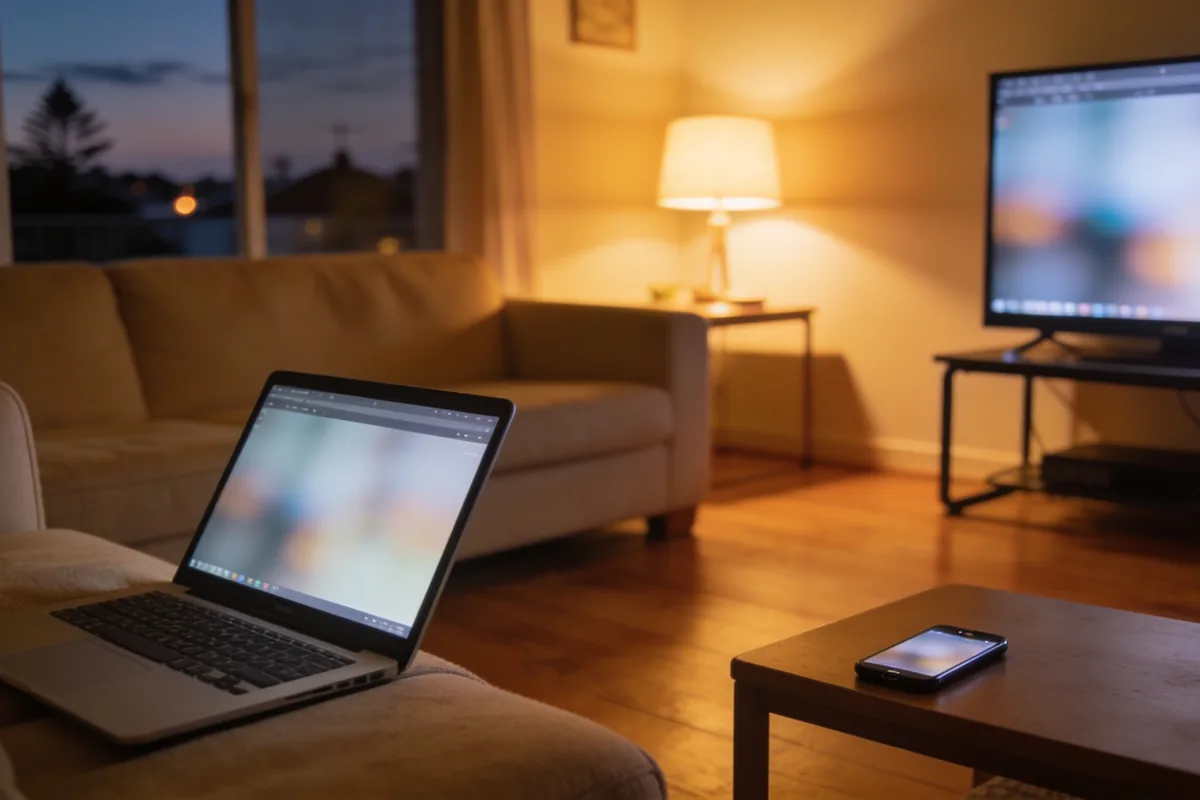 A living room in the evening with a laptop open on the couch, a phone on the coffee table and a television on, all screens showing only soft blurred light.