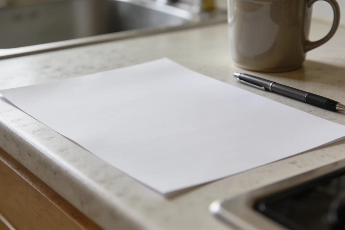 A blank sheet of paper lying face down on a kitchen bench beside a pen and a mug in morning light.