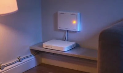 A plain white wall-mounted connection box with a glowing amber light above a white modem on a low shelf, cables clipped along the skirting in an evening living room.