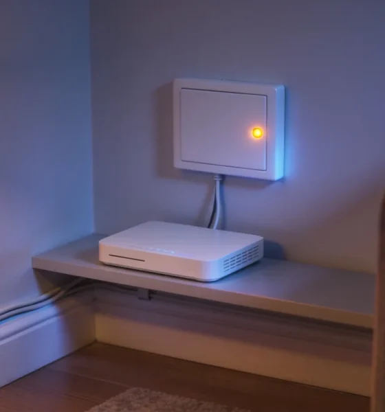 A plain white wall-mounted connection box with a glowing amber light above a white modem on a low shelf, cables clipped along the skirting in an evening living room.