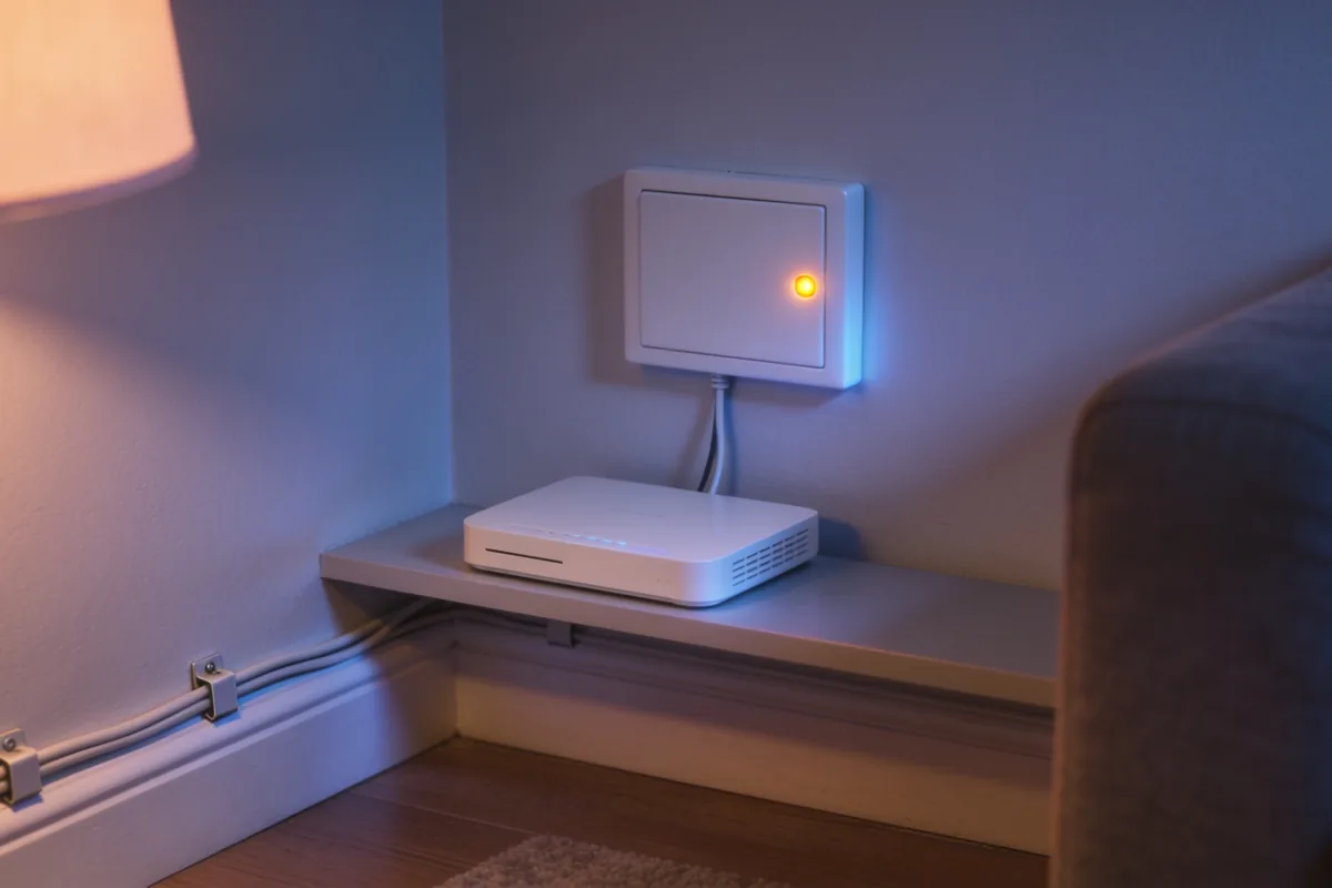 A plain white wall-mounted connection box with a glowing amber light above a white modem on a low shelf, cables clipped along the skirting in an evening living room.