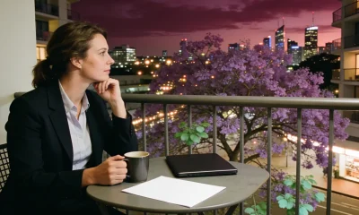 A woman in work clothes at a small table on an apartment balcony at dusk with a mug, a closed laptop and a sheet of paper face down, a flowering jacaranda and city lights below
