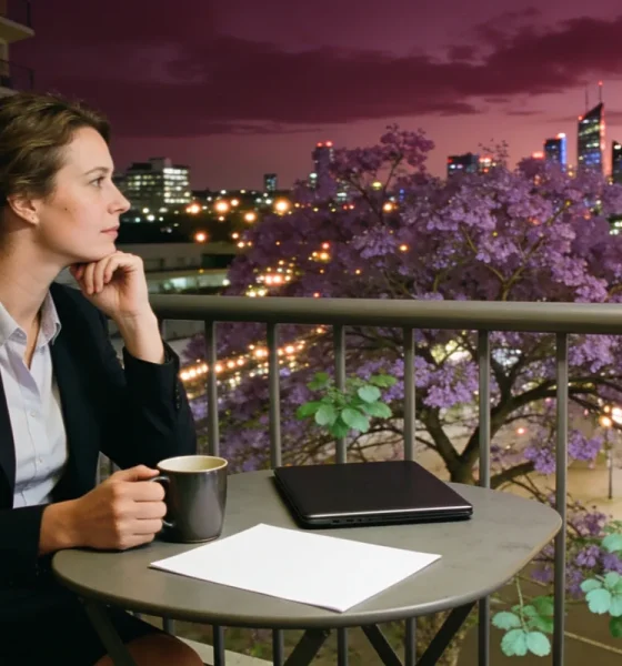 A woman in work clothes at a small table on an apartment balcony at dusk with a mug, a closed laptop and a sheet of paper face down, a flowering jacaranda and city lights below