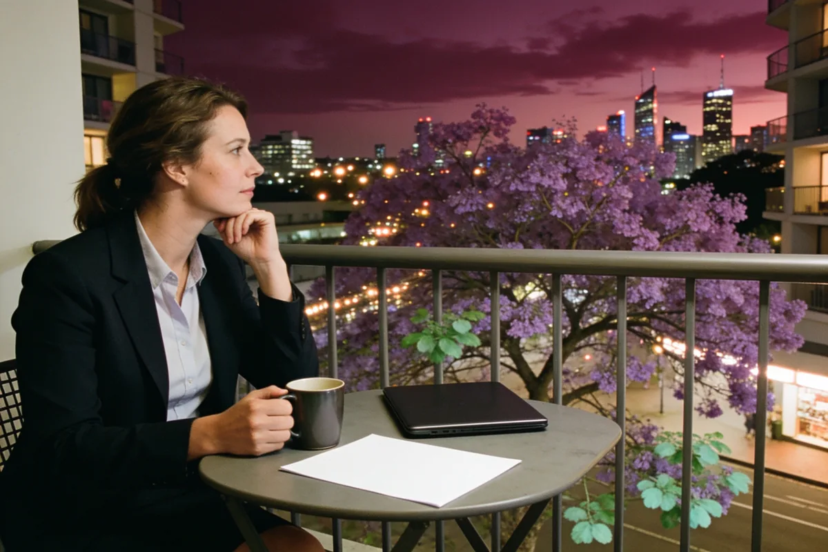 A woman in work clothes at a small table on an apartment balcony at dusk with a mug, a closed laptop and a sheet of paper face down, a flowering jacaranda and city lights below
