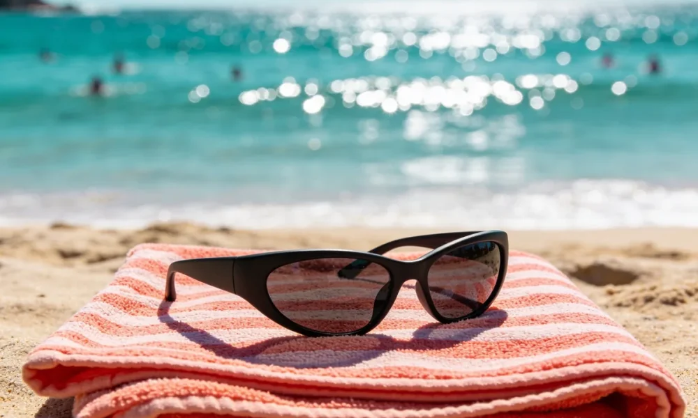 Black wraparound sunglasses resting on a folded coral and white striped towel on the sand, with sun glare sparkling on the sea behind