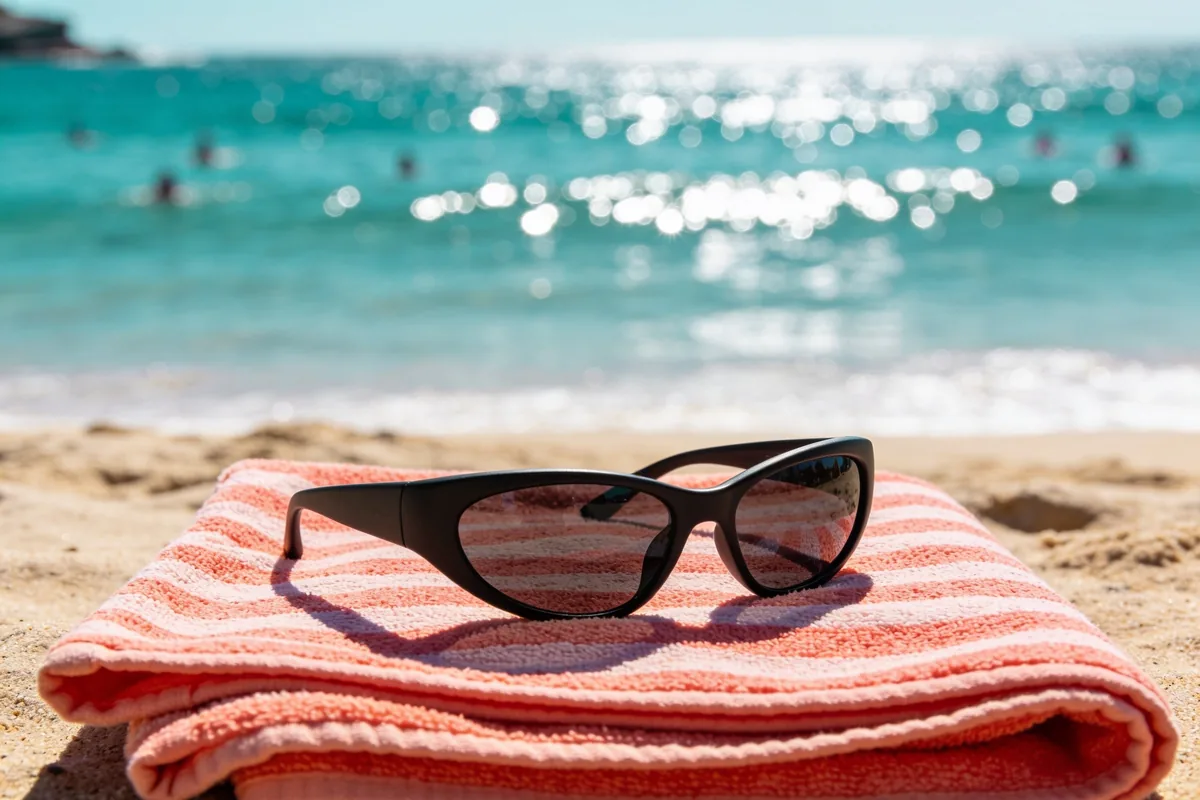 Black wraparound sunglasses resting on a folded coral and white striped towel on the sand, with sun glare sparkling on the sea behind