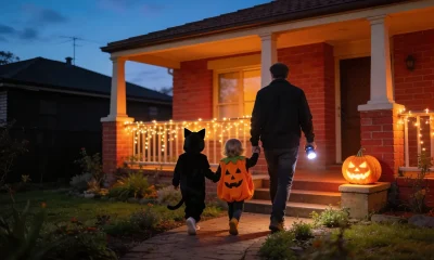 Two small children dressed as a black cat and a pumpkin walking hand in hand with an adult carrying a flashlight up the path to a brick house with a glowing carved pumpkin and fairy lights at dusk