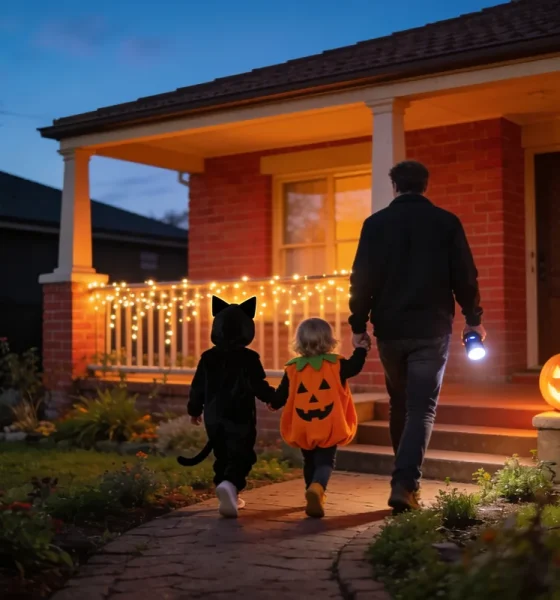 Two small children dressed as a black cat and a pumpkin walking hand in hand with an adult carrying a flashlight up the path to a brick house with a glowing carved pumpkin and fairy lights at dusk