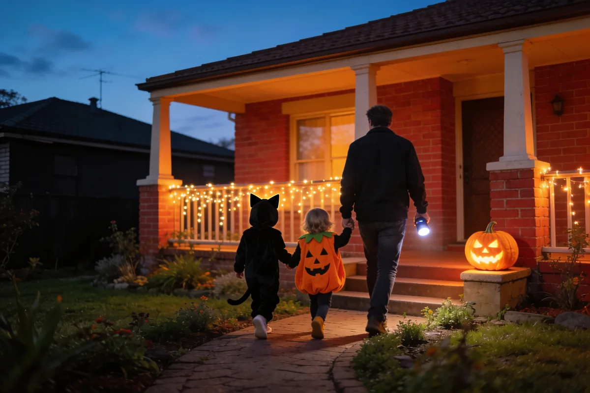 Two small children dressed as a black cat and a pumpkin walking hand in hand with an adult carrying a flashlight up the path to a brick house with a glowing carved pumpkin and fairy lights at dusk