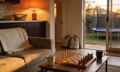 A wooden chess set and two mugs on a coffee table in a family lounge at dusk, with a knitted throw on the couch, two school bags by the hallway and a backyard trampoline through the open sliding door