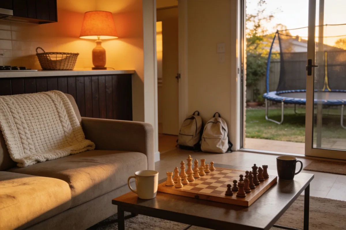 A wooden chess set and two mugs on a coffee table in a family lounge at dusk, with a knitted throw on the couch, two school bags by the hallway and a backyard trampoline through the open sliding door