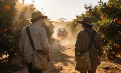 Two young fruit pickers in wide-brimmed hats and long sleeves walking between rows of orange trees with canvas picking bags, a farm ute raising dust behind them in early morning light