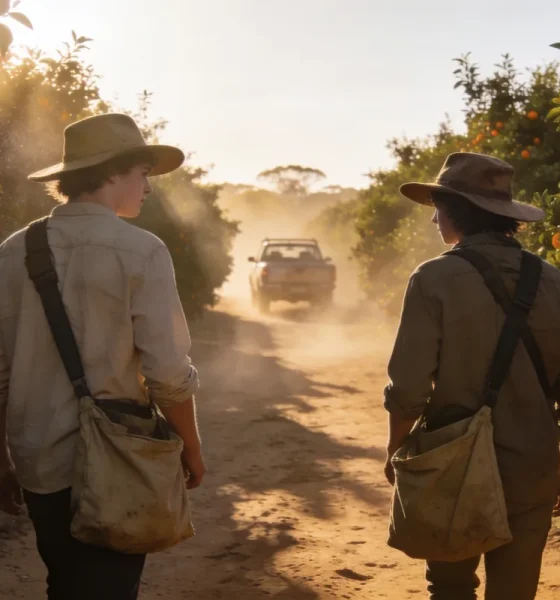 Two young fruit pickers in wide-brimmed hats and long sleeves walking between rows of orange trees with canvas picking bags, a farm ute raising dust behind them in early morning light