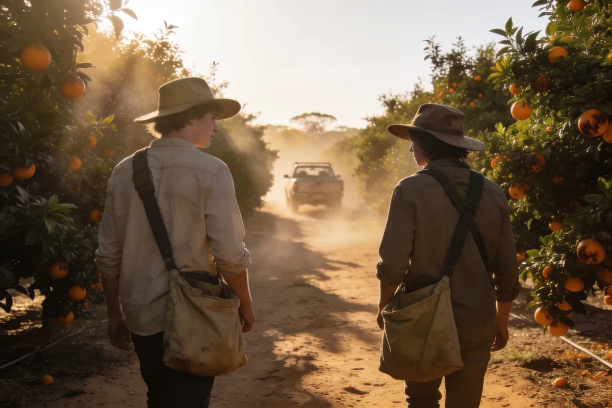 Two young fruit pickers in wide-brimmed hats and long sleeves walking between rows of orange trees with canvas picking bags, a farm ute raising dust behind them in early morning light