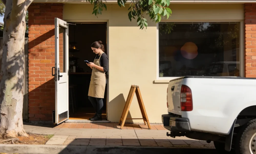 A cafe owner in a canvas apron checks her phone in the open doorway of a small brick shopfront on a sunny suburban street, with a gum tree and a white ute at the kerb.