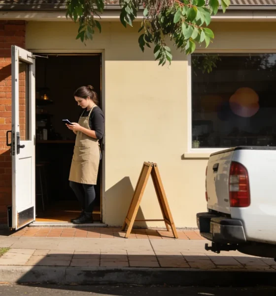A cafe owner in a canvas apron checks her phone in the open doorway of a small brick shopfront on a sunny suburban street, with a gum tree and a white ute at the kerb.