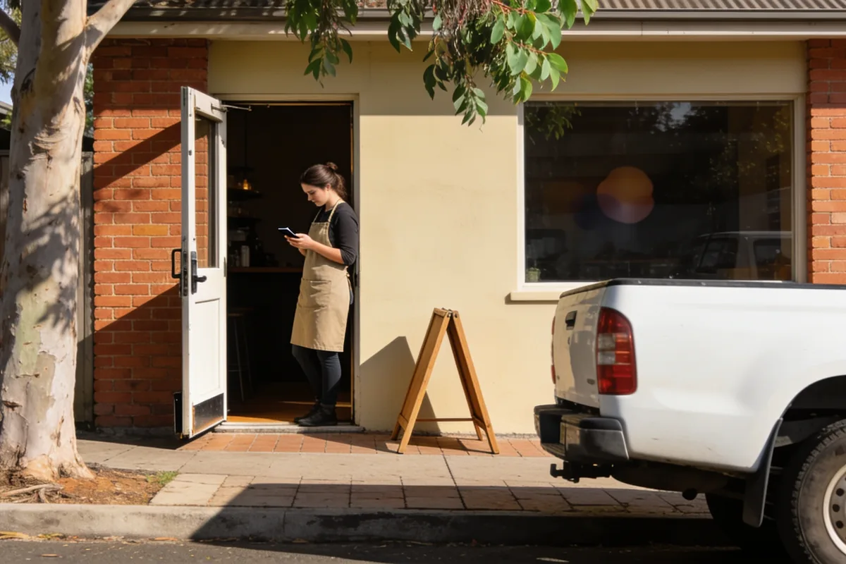 A cafe owner in a canvas apron checks her phone in the open doorway of a small brick shopfront on a sunny suburban street, with a gum tree and a white ute at the kerb.