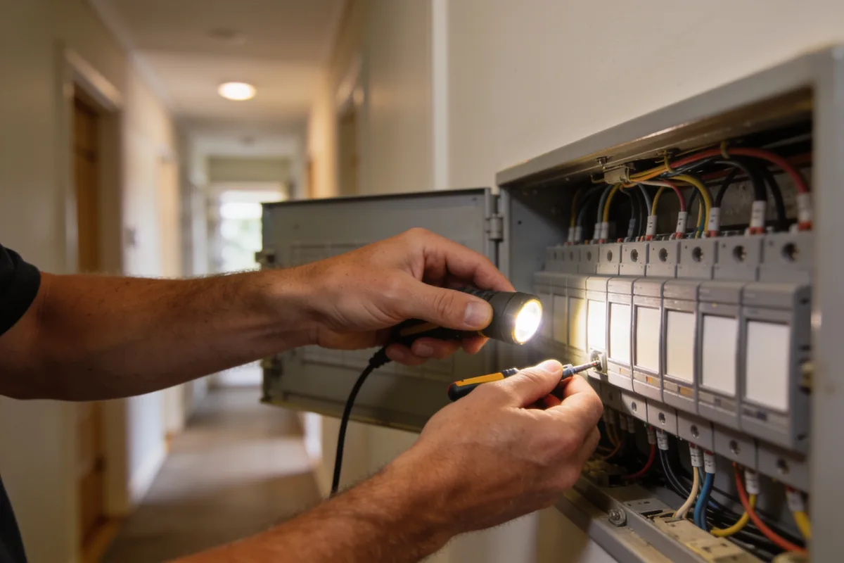 An electrician's hands holding a flashlight and a screwdriver at an open residential switchboard with rows of circuit breakers and wiring