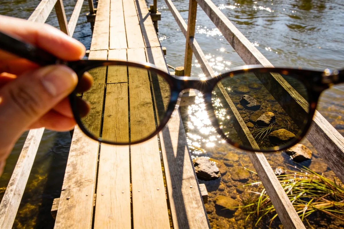 A hand holding sunglasses up over the water beside a timber jetty: through the lens the glare disappears and rocks and weed on the riverbed show clearly, while the water around it is bright glare