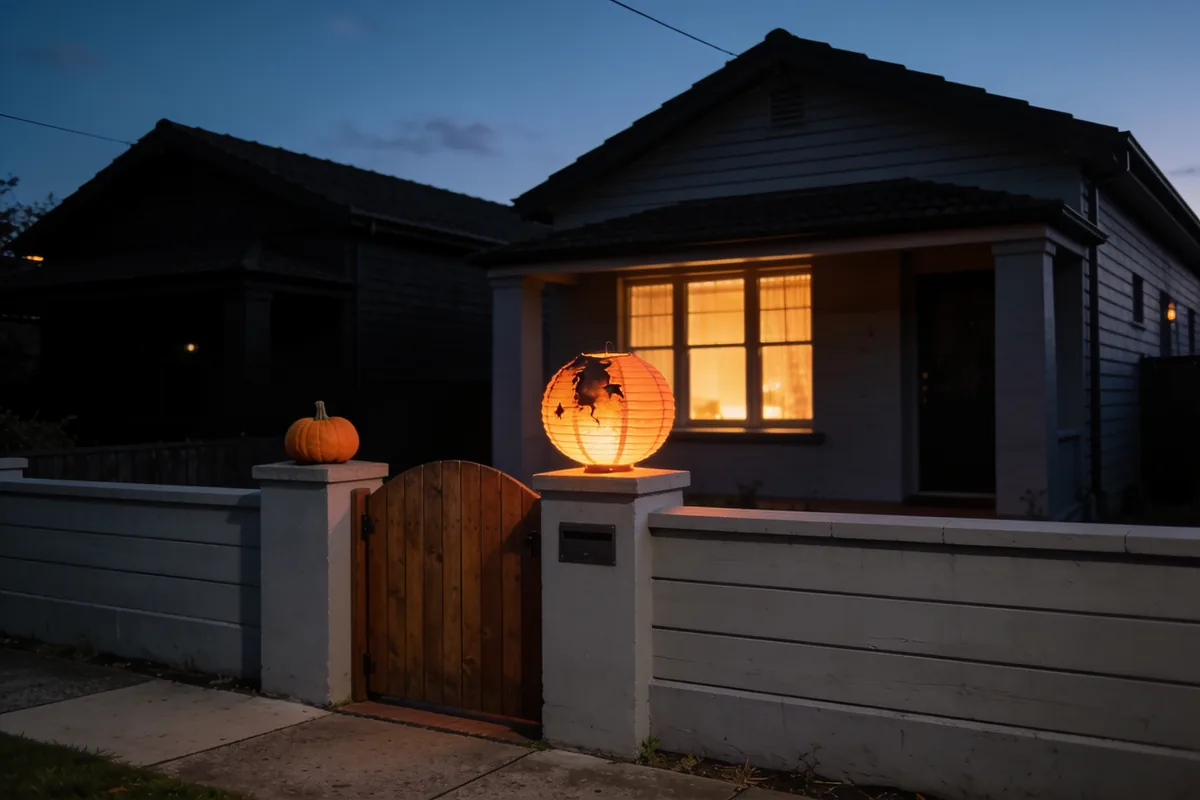 A low front fence at twilight with a glowing paper lantern and a small pumpkin on the gateposts of a lit house, while the neighbouring house sits dark