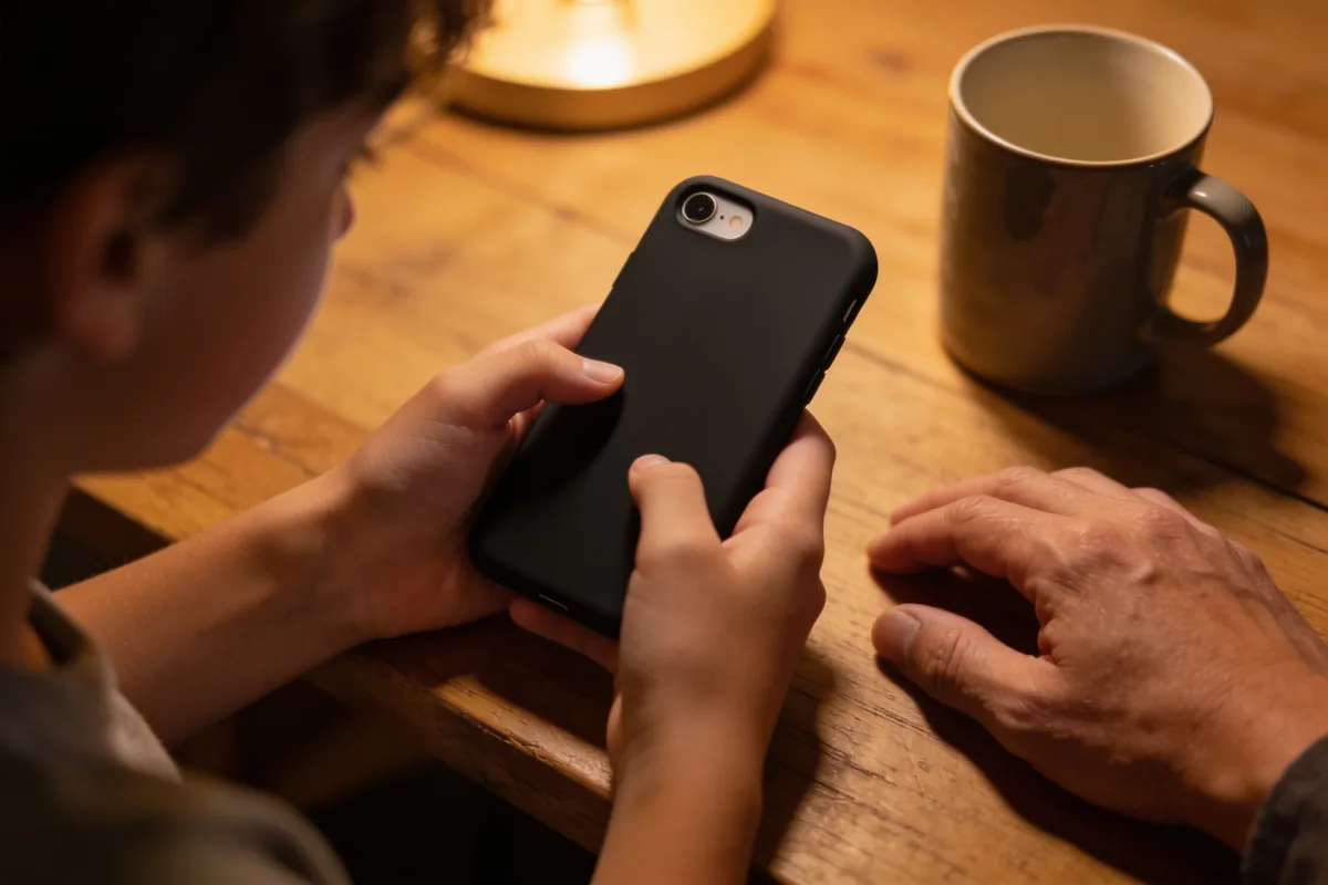 A teenager's hands holding a phone in a plain black case with the screen facing away, a parent's hand resting on the timber table beside it next to a mug