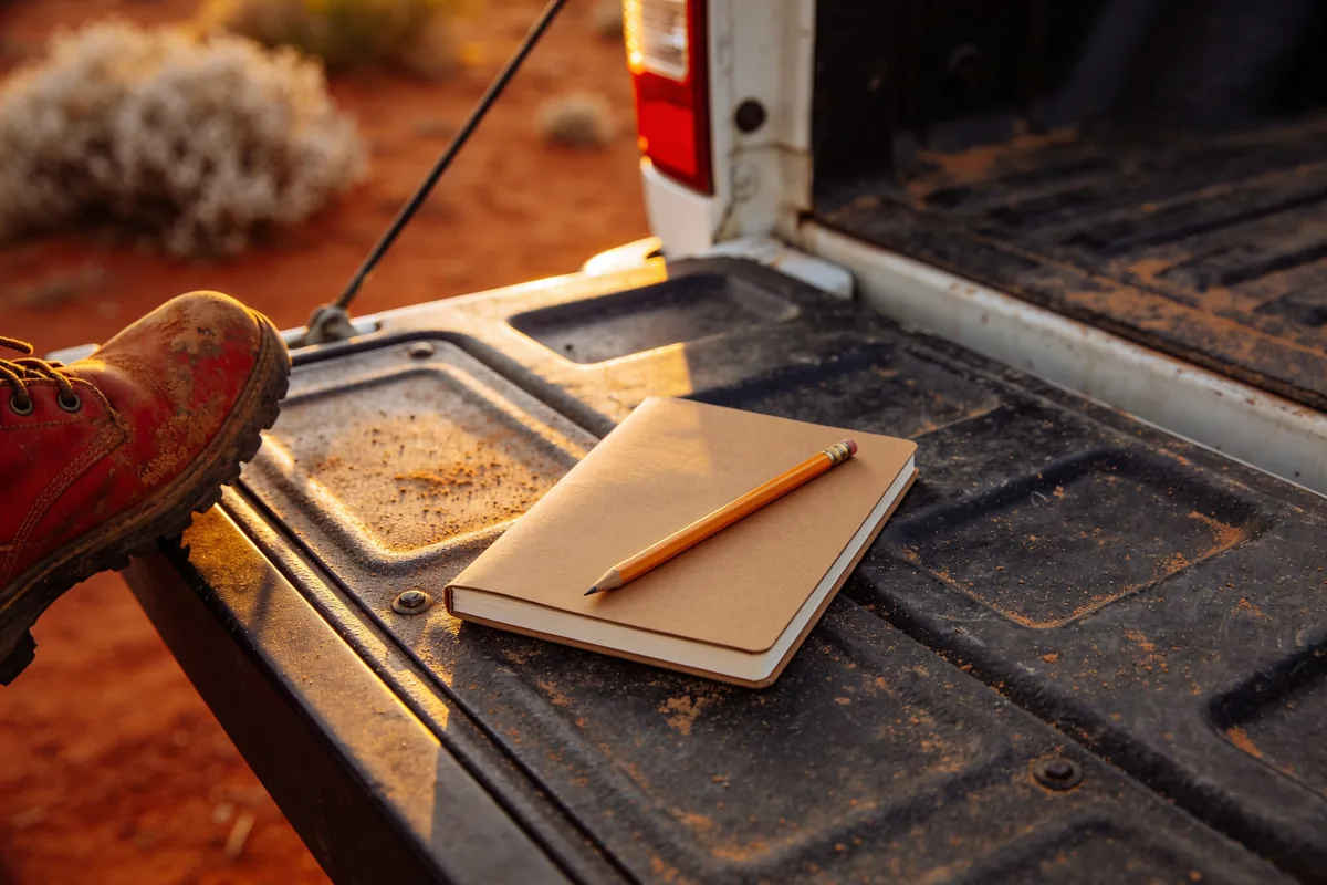 A closed notebook with a plain brown cover and a pencil on the dusty tray of a farm ute at sunset, a red-dust-covered work boot at the edge and saltbush behind