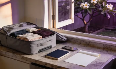A half-packed carry-on bag on a kitchen bench beside a closed navy travel document, a phone and a blank sheet of paper, with a frangipani tree outside the open window in late-afternoon light.