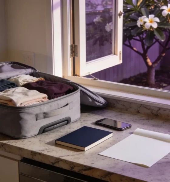 A half-packed carry-on bag on a kitchen bench beside a closed navy travel document, a phone and a blank sheet of paper, with a frangipani tree outside the open window in late-afternoon light.
