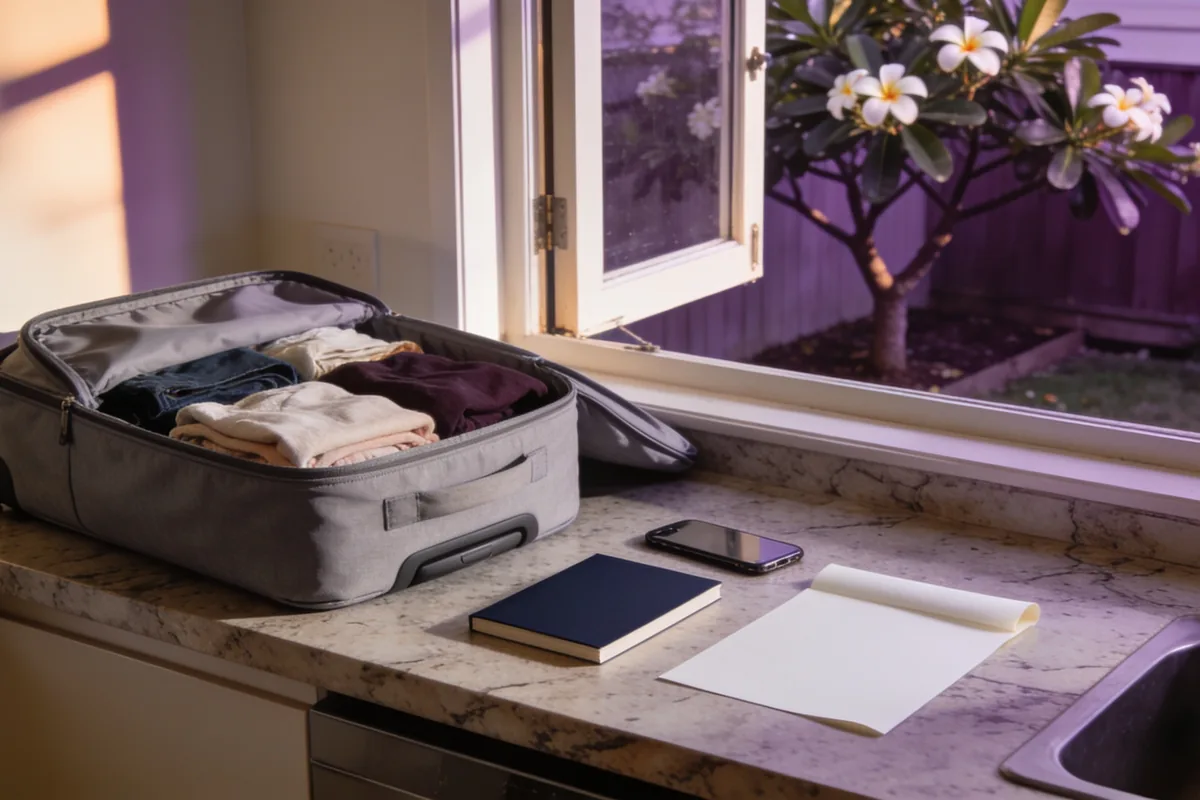 A half-packed carry-on bag on a kitchen bench beside a closed navy travel document, a phone and a blank sheet of paper, with a frangipani tree outside the open window in late-afternoon light.